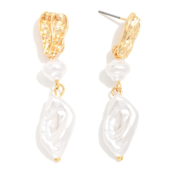 Linked Baroque & Ringed Pearl Post Drop Earrings Featuring Textured Metal Post 

- Approximately 2" L

