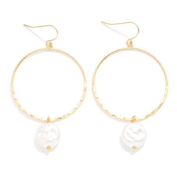Metal Tone Hoop Drop Earring Featuring Pearl Ball Dang Detail

- Approximately 2.5
