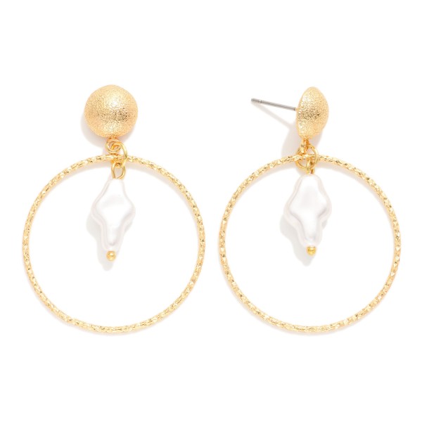 Textured Metal Hoop Post Drop Earrings Featuring Cross Shape Pearl Detail 

- Approximately 1.75" L