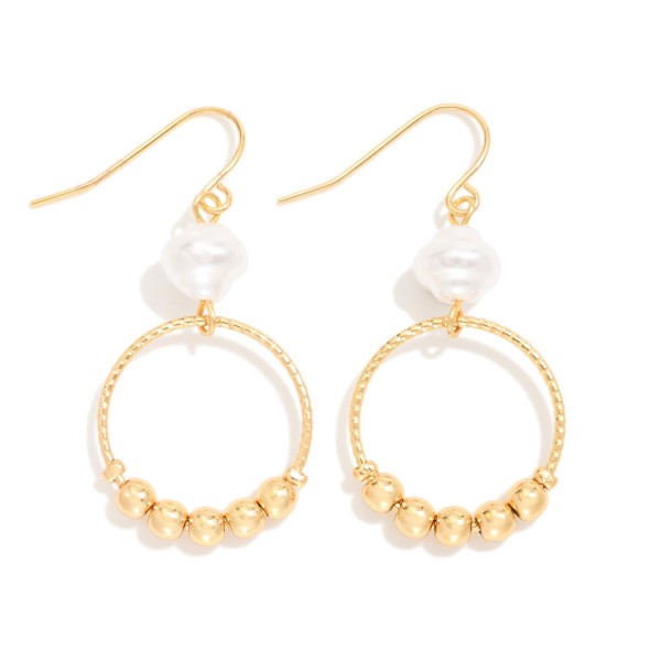 Linked Ringed Pearl & Metal Tone Beaded Hoop Drop Earrings 

- Approximately 1" L