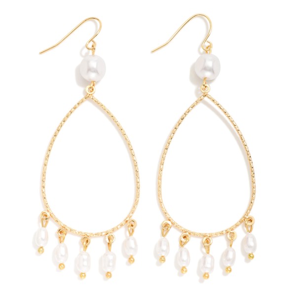 Textured Metal Teardrop & Pearl Post Drop Earrings Featuring Pearl Tassel Details 

- Approximately 2.5" L