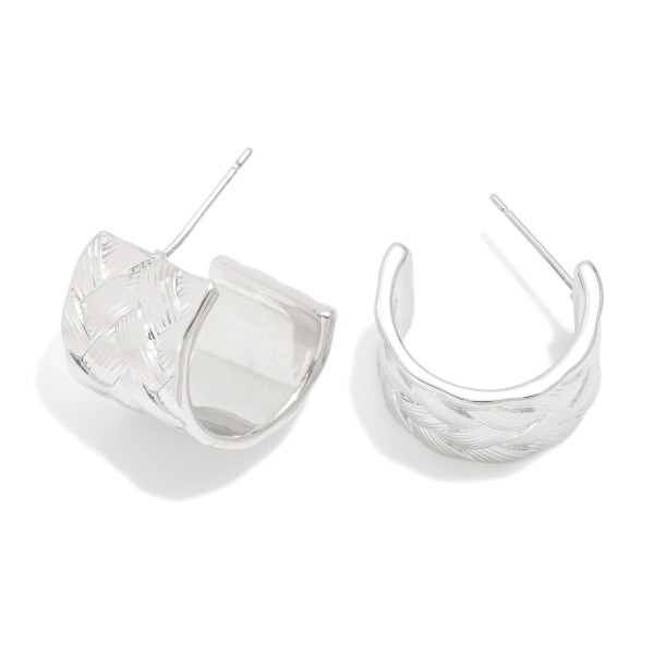 Metal Tone Woven Textured Hoop Drop Earrings 

- Approximately .5" L 
- 14K Gold Dipped
- Brass Base 
- Hypoallergenic