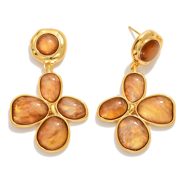 Linked Metal Flower With Metal Post Drop Earring Featuring  Marbled Acetate 

- Approximately 1.75" L 
- Gold Dipped
- Brass Base 
- Hypoallergenic