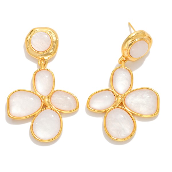 Linked Metal Flower With Metal Post Drop Earring Featuring  Marbled Acetate 

- Approximately 1.75" L 
- Gold Dipped
- Brass Base 
- Hypoallergenic