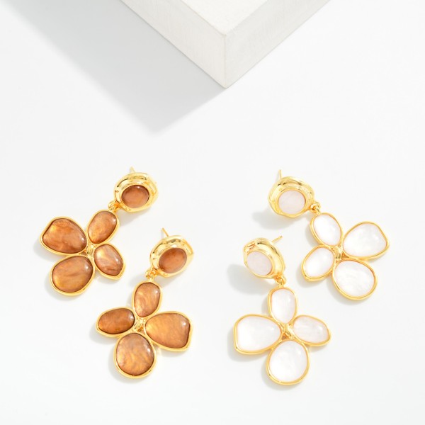 Linked Metal Flower With Metal Post Drop Earring Featuring  Marbled Acetate 

- Approximately 1.75" L 
- Gold Dipped
- Brass Base 
- Hypoallergenic