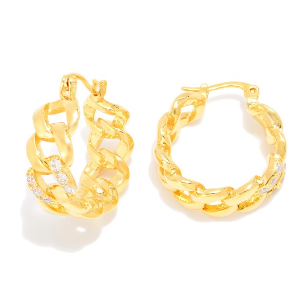 Metal Tone Chain Link Huggie Hoop Drop Earrings Featuring Cubic Zirconia 

- Approximately 1." D 
- Gold Dipped
- Brass Base 
- Hypoallergenic