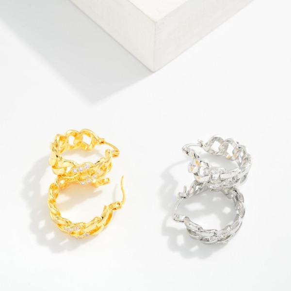 Metal Tone Chain Link Huggie Hoop Drop Earrings Featuring Cubic Zirconia 

- Approximately 1." D 
- Gold Dipped
- Brass Base 
- Hypoallergenic