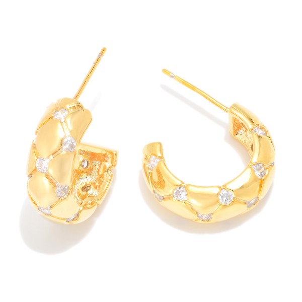 Metal Tone Hoop Drop Earring Featuring Cubic Zirconia 

- Approximately .5" L 
- Gold Dipped
- Brass Base 
- Hypoallergenic