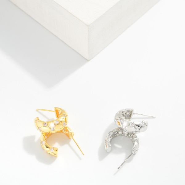 Metal Tone Hoop Drop Earring Featuring Cubic Zirconia 

- Approximately .5" L 
- Gold Dipped
- Brass Base 
- Hypoallergenic