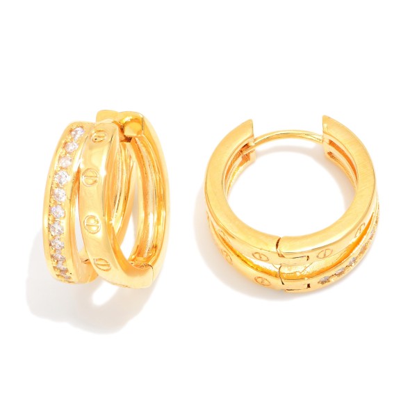 Layered Metal Tone Huggie Hoop Drop Earring Featuring Cubic Zirconia 

- Approximately .5" L 
- Gold Dipped
- Brass Base 
- Hypoallergenic