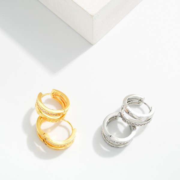 Layered Metal Tone Huggie Hoop Drop Earring Featuring Cubic Zirconia 

- Approximately .5" L 
- Gold Dipped
- Brass Base 
- Hypoallergenic
