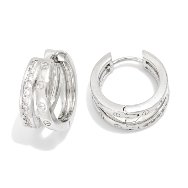 Layered Metal Tone Huggie Hoop Drop Earring Featuring Cubic Zirconia 

- Approximately .5" L 
- Gold Dipped
- Brass Base 
- Hypoallergenic