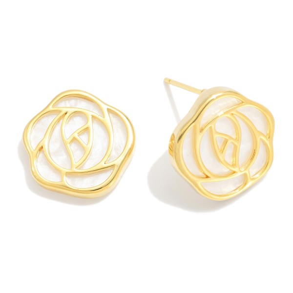 Metal Tone Pearlescent Rose Shaped Stud Earring  

- Approximately .5" D 
- Gold Dipped
- Brass Base 
- Hypoallergenic