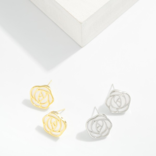 Metal Tone Pearlescent Rose Shaped Stud Earring  

- Approximately .5" D 
- Gold Dipped
- Brass Base 
- Hypoallergenic
