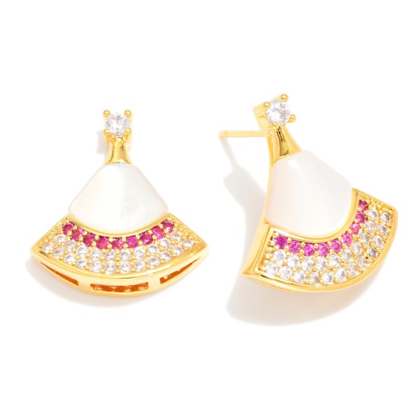 Metal Tone Fan Shaped Drop Earring Featuring Pearl & Cubic Zirconia 

- Approximately .5" D 
- Gold Dipped
- Brass Base 
- Hypoallergenic