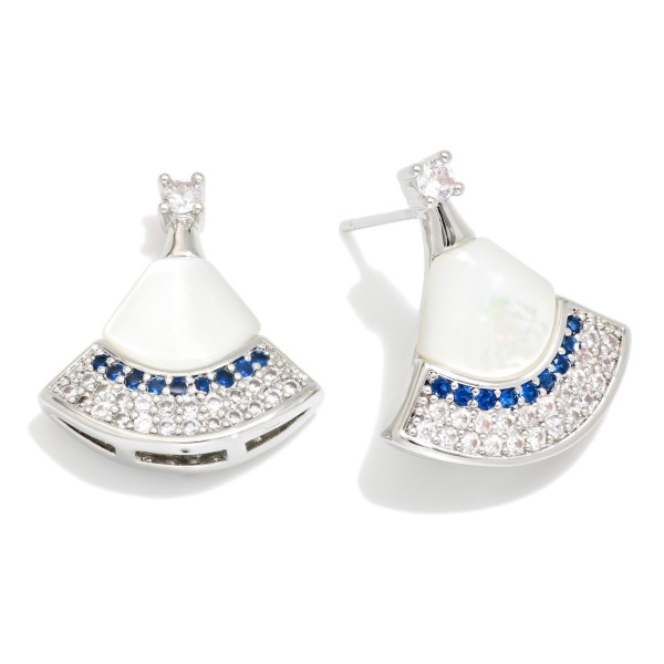 Metal Tone Fan Shaped Drop Earring Featuring Pearl & Cubic Zirconia 

- Approximately .5" D 
- Gold Dipped
- Brass Base 
- Hypoallergenic