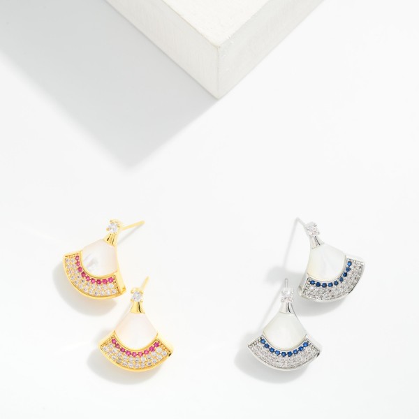 Metal Tone Fan Shaped Drop Earring Featuring Pearl & Cubic Zirconia 

- Approximately .5" D 
- Gold Dipped
- Brass Base 
- Hypoallergenic
