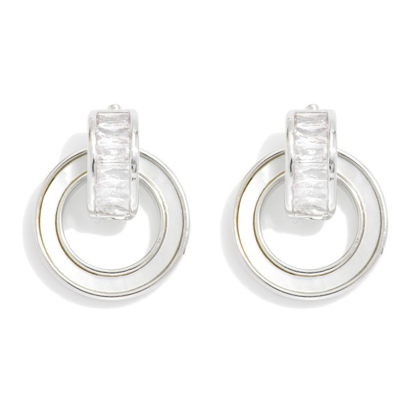 Metal Tone Pearlescent Door Knocker Drop Earrings Featuring Cubic Zirconia

- Approximately .5" D 
- Gold Dipped
- Brass Base 
- Hypoallergenic