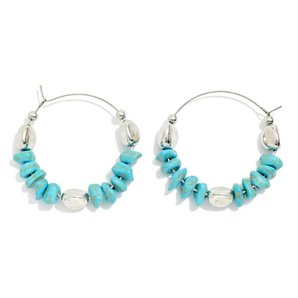 Beaded Semi Precious Stone Hoop Drop Earring Featuring Silver Tones 
 
- Approximately 1.5" D 