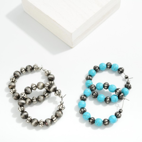 Stone Beaded Hoop Drop Earring Featuring Brushed Metal Beads 

- Approximately 1.5" D 