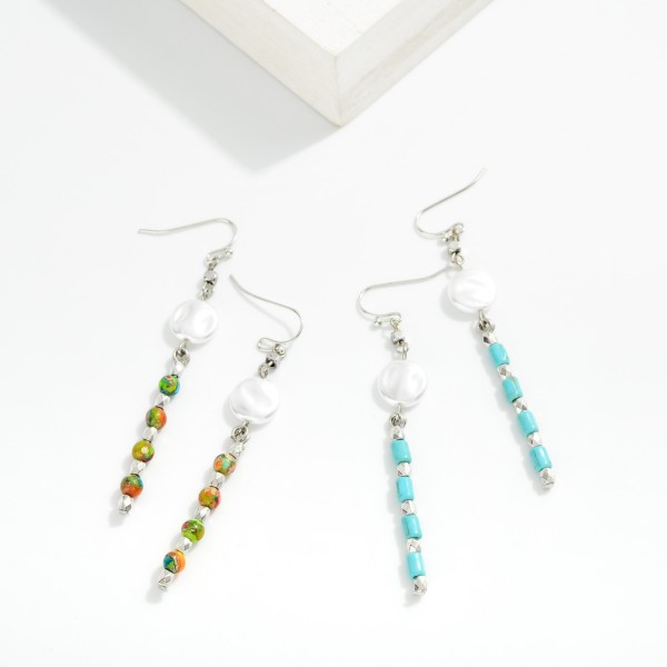 Chain Link Metal Drop Earring Featuring Stones, Metal Tones And Pearls 

- Approximately 2.5" L 