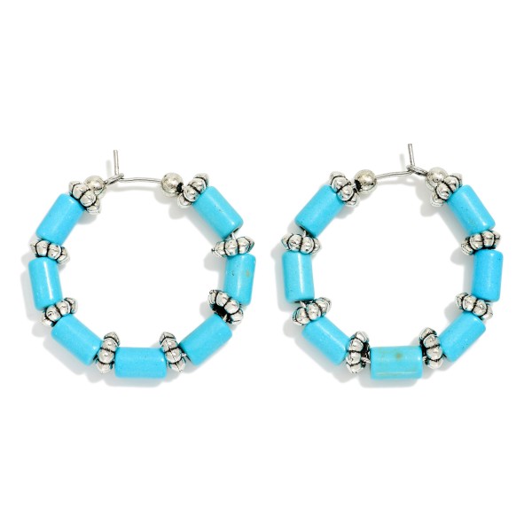 Stone Tube Beaded Hoop Drop Earring Featuring Metal Tone Stations 

- Approximately 1.05" D 