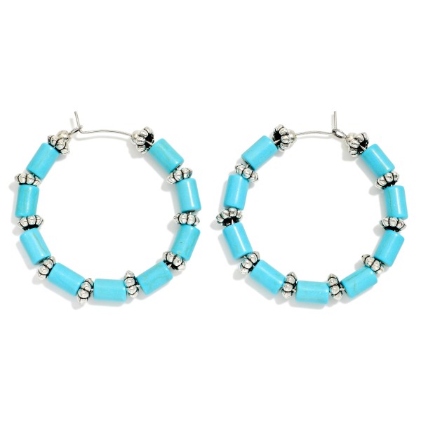 Stone Tube Beaded Huggie Hoop Drop Earrings Featuring Metal Tone Stations 

- Approximately 1.50" D 