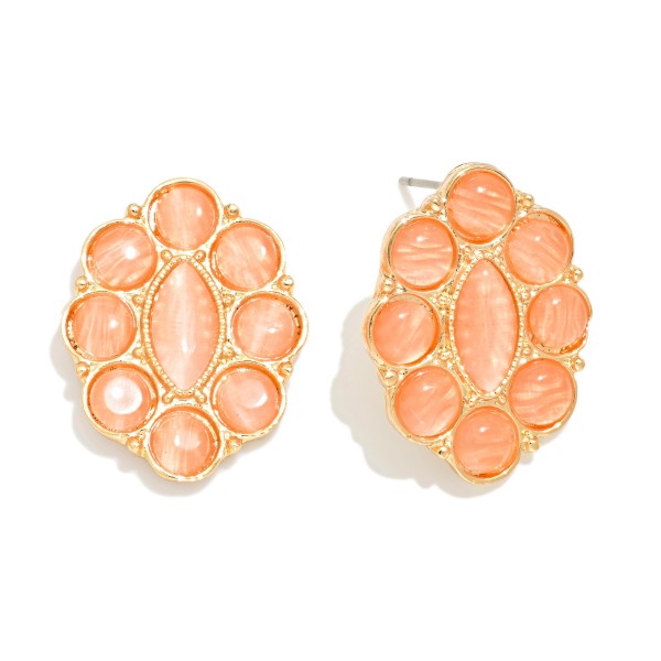 Metal Tone Flower Post Drop Earring Featuring Studded Stone 

- Approximately 1" L 