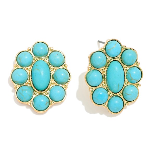 Metal Tone Flower Post Drop Earring Featuring Studded Stone 

- Approximately 1" L 