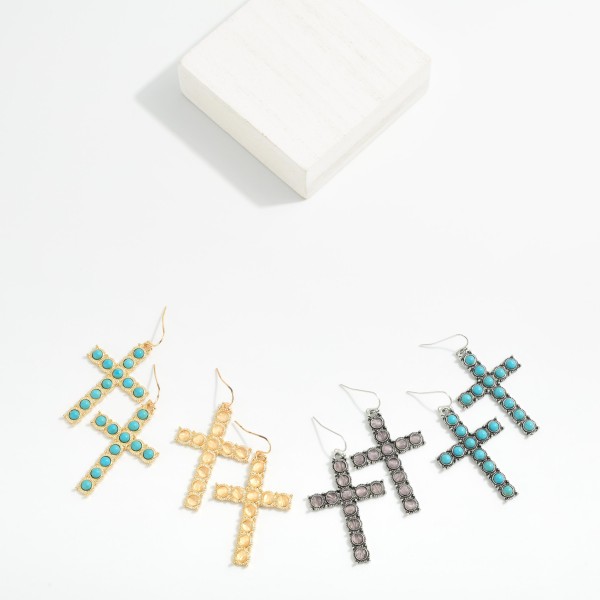 Stone Studded Cross Drop Earrings 

- Approximately 2" L


