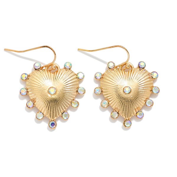 Metal Tone Ribbed Heart Drop Earrings Featuring Studded Rhinestones 