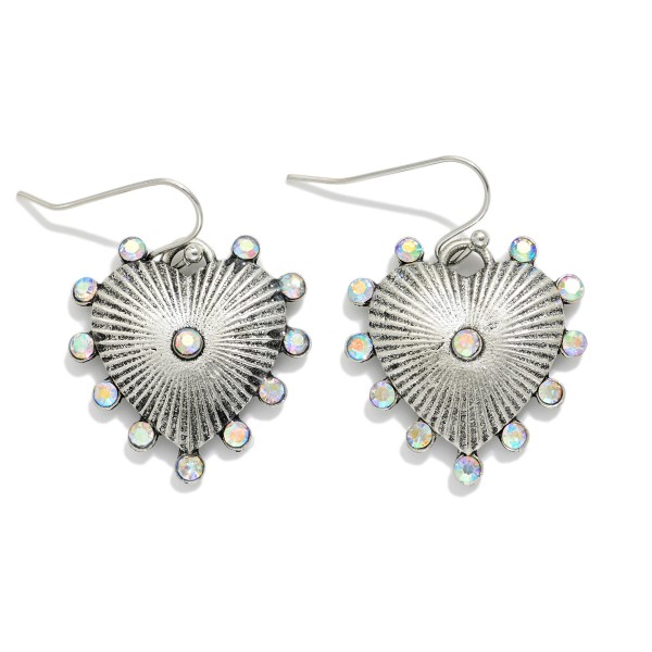 Metal Tone Ribbed Heart Drop Earrings Featuring Studded Rhinestones