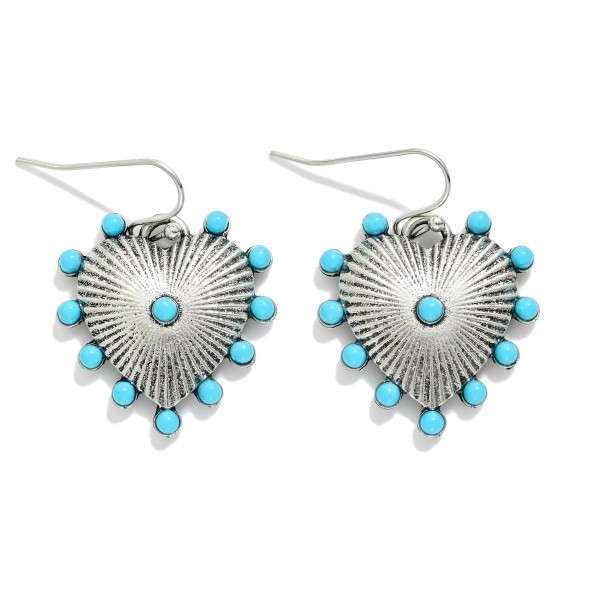 Metal Tone Ribbed Heart Drop Earrings Featuring Studded Stone 