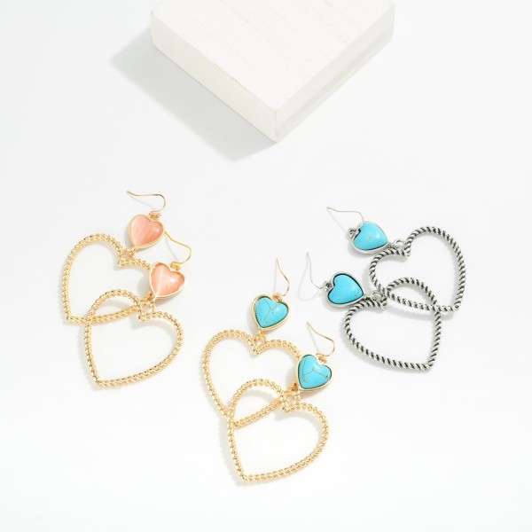 Linked Turquoise Heart With Twisted Heart Hoop Drop Earring 

- Approximately 2.75" L 