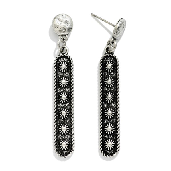 Linked Metal Tone Western Rectangular Drop Earring Featuring Engraved Flowers

- Approximately 2" L 