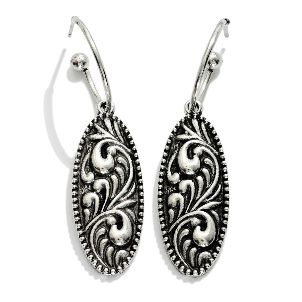 Metal Tone Hoop Drop Earrings Featuring Linked Oval Engraved Rococo Detail Earrings 

- Approximately 2.25" L 