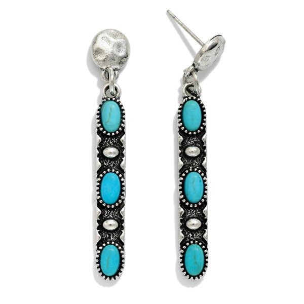 Metal Tone Western Rectangular Drop Earring Featuring Studded Stones & Silver Stone 

- Approximately 1.75" L 