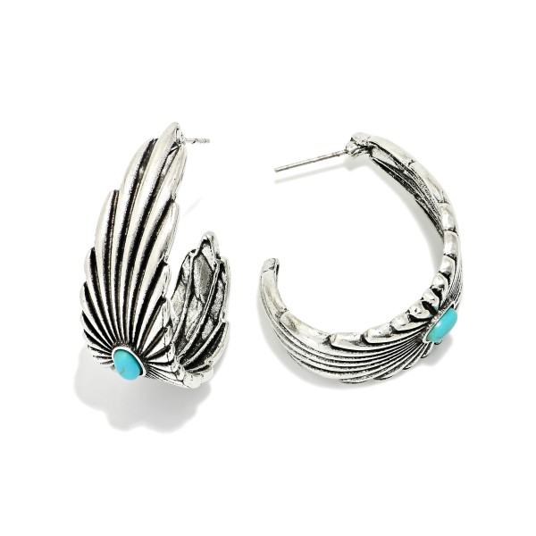 Metal Tone Ribbed Hoop Drop Earring Featuring Turquoise Stone Detail

- Approximately 1.5" L 