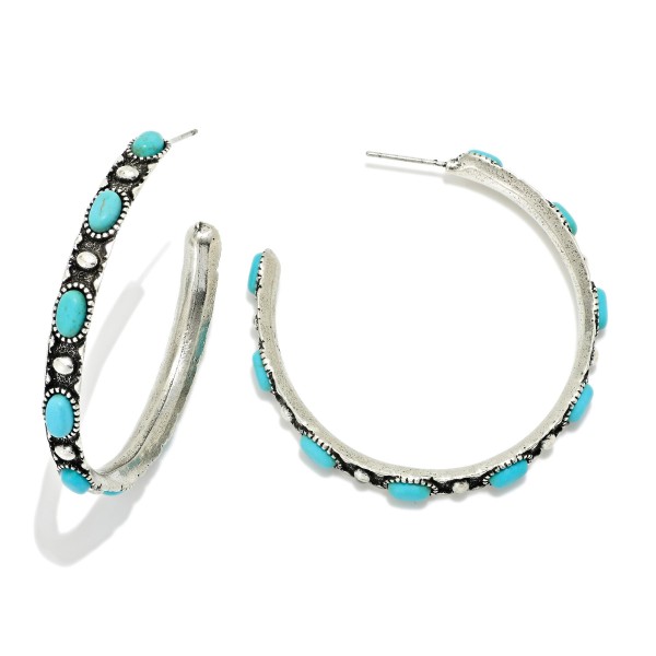 Metal Tone Western Stone Studded Hoop Drop Earrings 

- Approximately 2" D