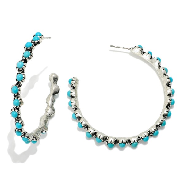 Metal Tone Western Stone Studded Hoop Drop Earrings 

- Approximately 1.75" D