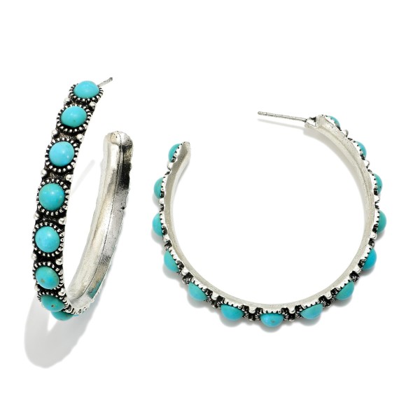 Metal Tone Western Stone Studded Hoop Drop Earrings 

- Approximately 1.75" D