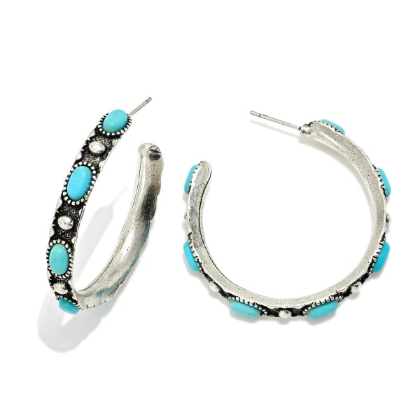 Metal Tone Western Stone Studded Hoop Drop Earrings 

- Approximately 1.25" D