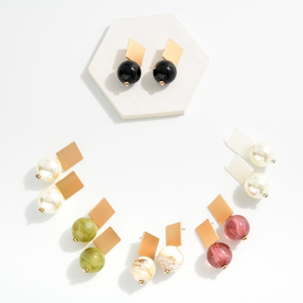 Metal Tone Marbled Acetate Bead & Squared Metal Tone Post Drop Earring  

- Approximately 1.5" L 
