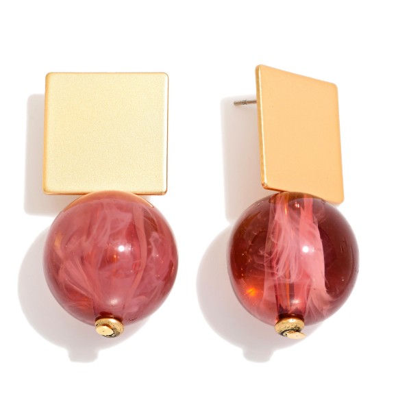 Metal Tone Marbled Acetate Bead & Squared Metal Tone Post Drop Earring  

- Approximately 1.5" L 

