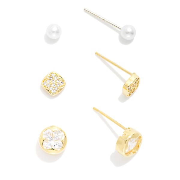 Set Of Three Stud Earrings Featuring Pearls, And Rhinestones 

- Approximately .125" D
