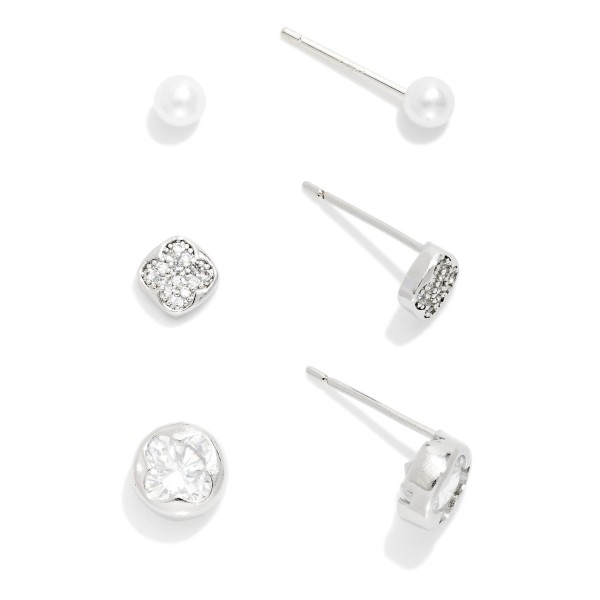 Set Of Three Stud Earrings Featuring Pearls, And Rhinestones 

- Approximately .125" D
