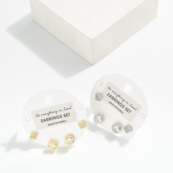 Set Of Three Stud Earrings Featuring Pearls, And Rhinestones 

- Approximately .125" D
