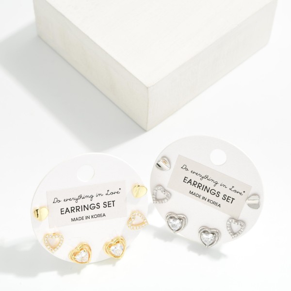 Do Everything In Love Set Of Three Rhinestone & Metal Tone Heart Stud Earrings 

- Approximately .25" L
