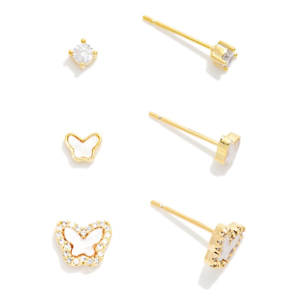 Do Everything In Love Set Of Three Pearlescent Butterfly & Rhinestone Stud Earrings 

- Approximately .25" L
