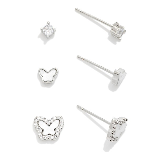 Do Everything In Love Set Of Three Pearlescent Butterfly & Rhinestone Stud Earrings 

- Approximately .25" L